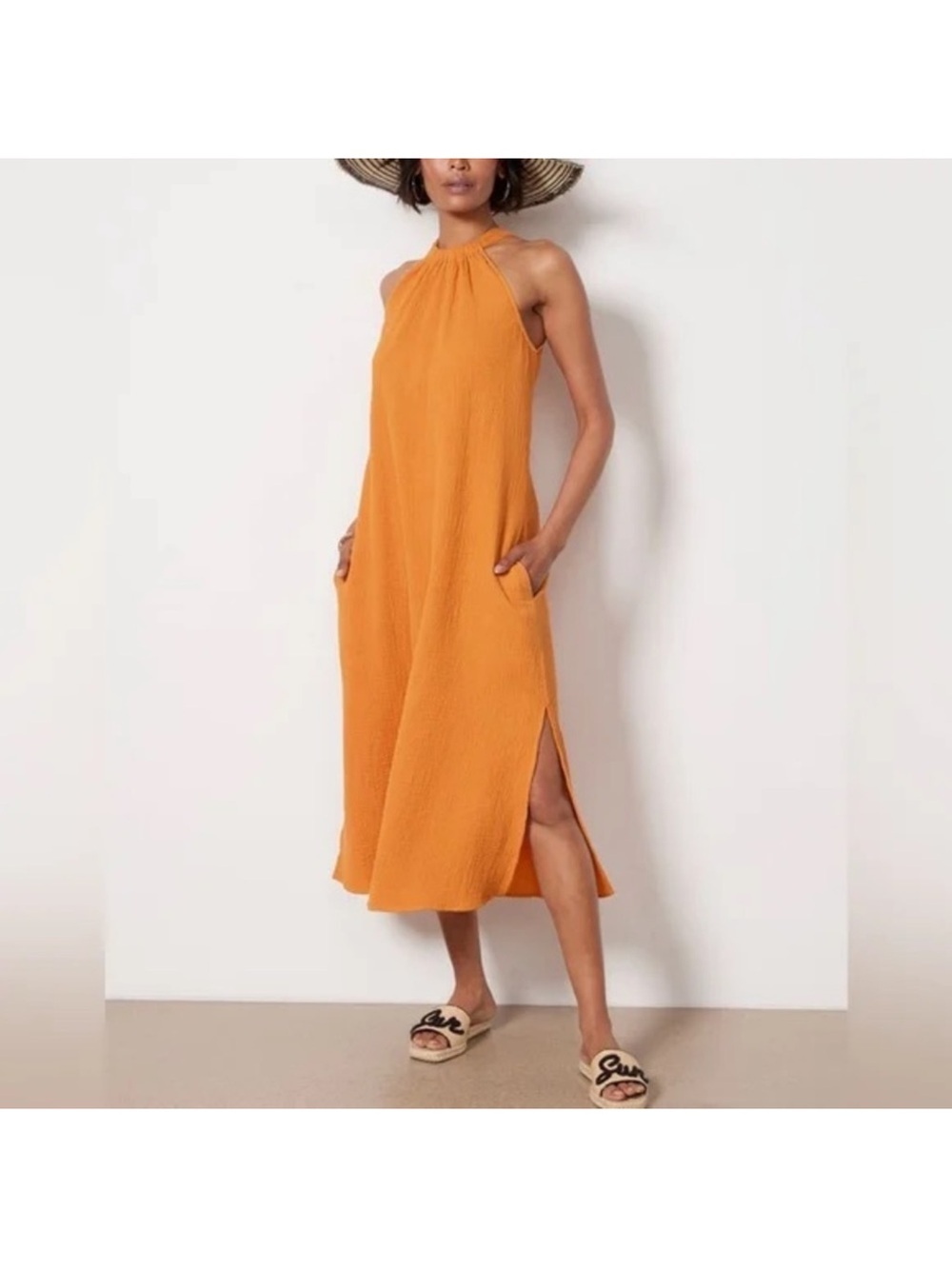 Evereve Asher gauzy Midi Dress in Tangerine Orange XS